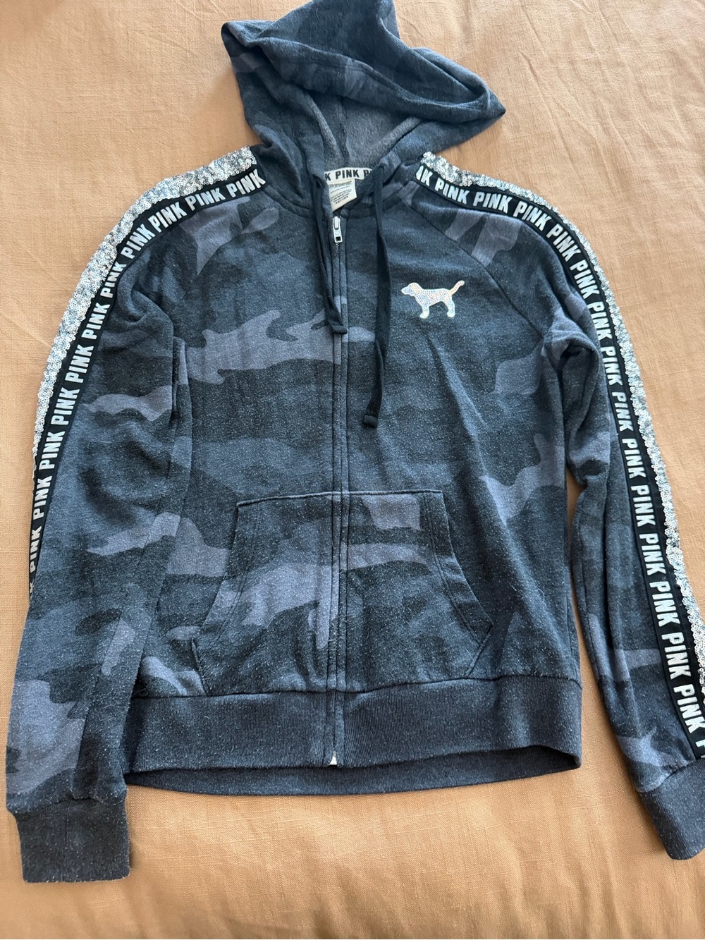 PINK Victoria's Secret Dark Gray Camo Zip Hoodie with Sequence - Small